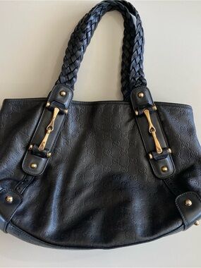 Gucci Black Braided-Handle Logo Tote with Gold Hardware